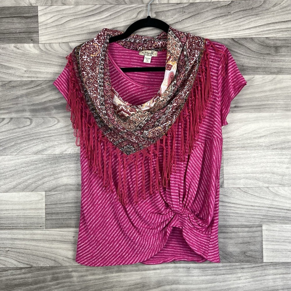 One World Blouse Shirt Womens M Petite Pink‎ Striped Fringe Scarf Short Sleeve
